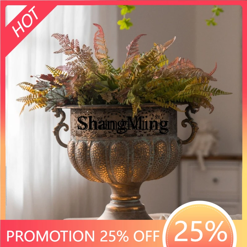 SM antique wrought iron dried flower vase studio photography old decorative ornament trophy shape handicraft