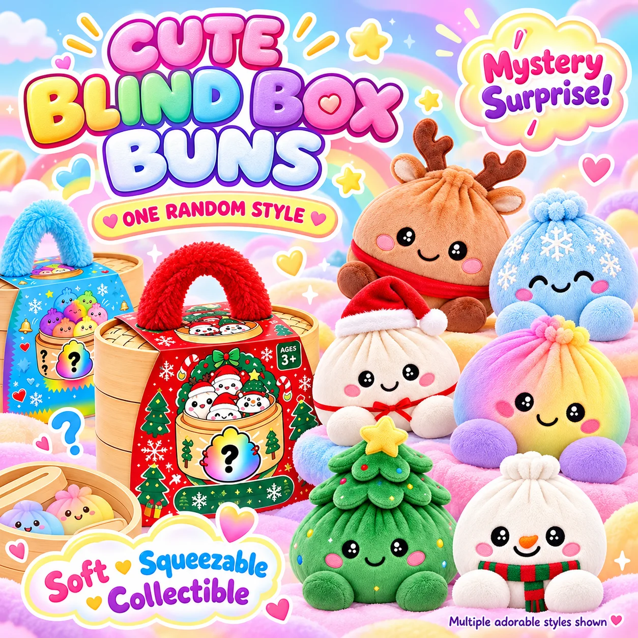 Xmas Plush Dumpling Squishy Ornament Steamer Basket Soft Squeeze Fidget Sensory Stress Relief Holiday Collectible Gift Set