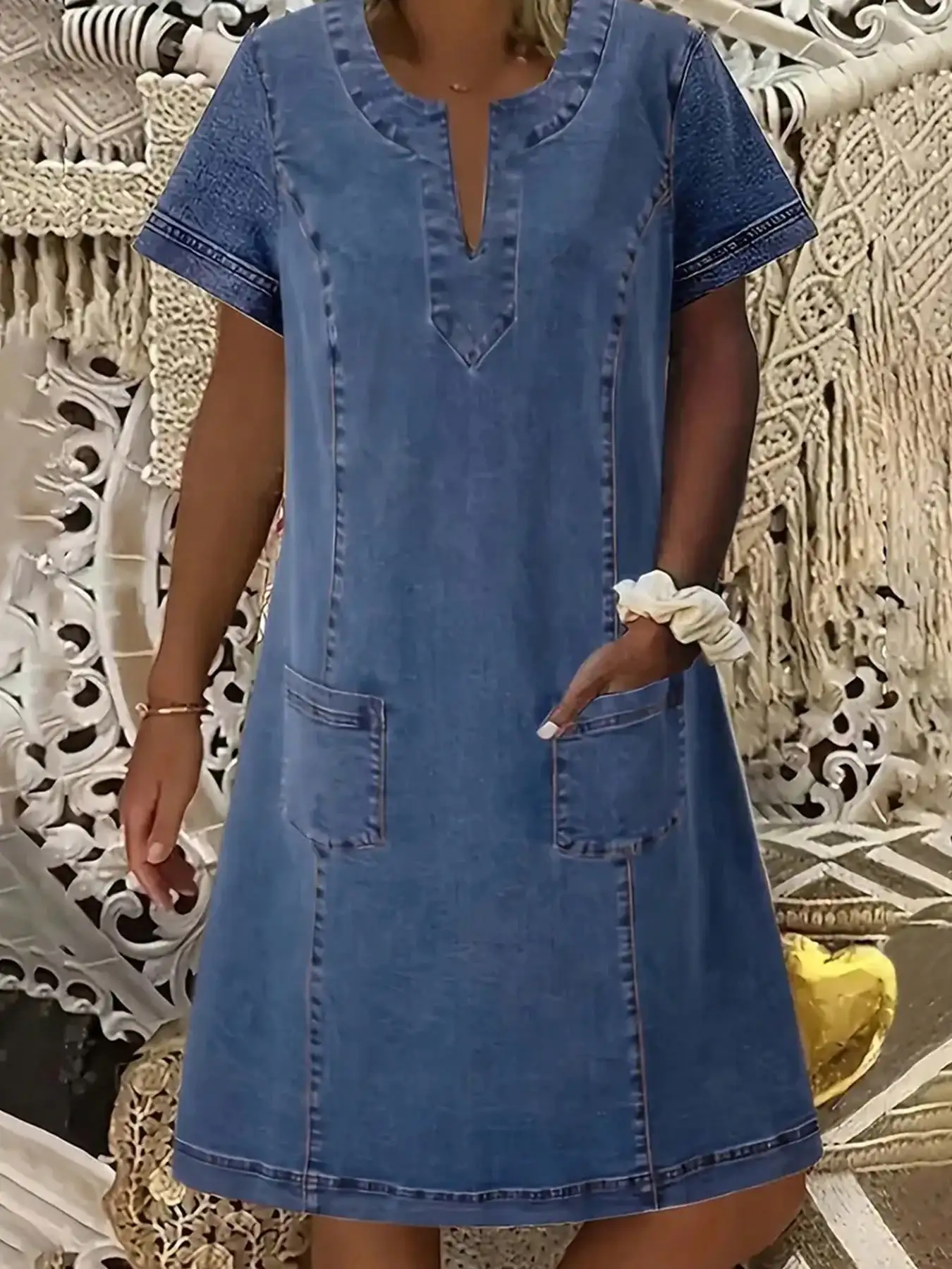 

Women Short Sleeve Denim Dress With Pockets V Neck Loose Fit