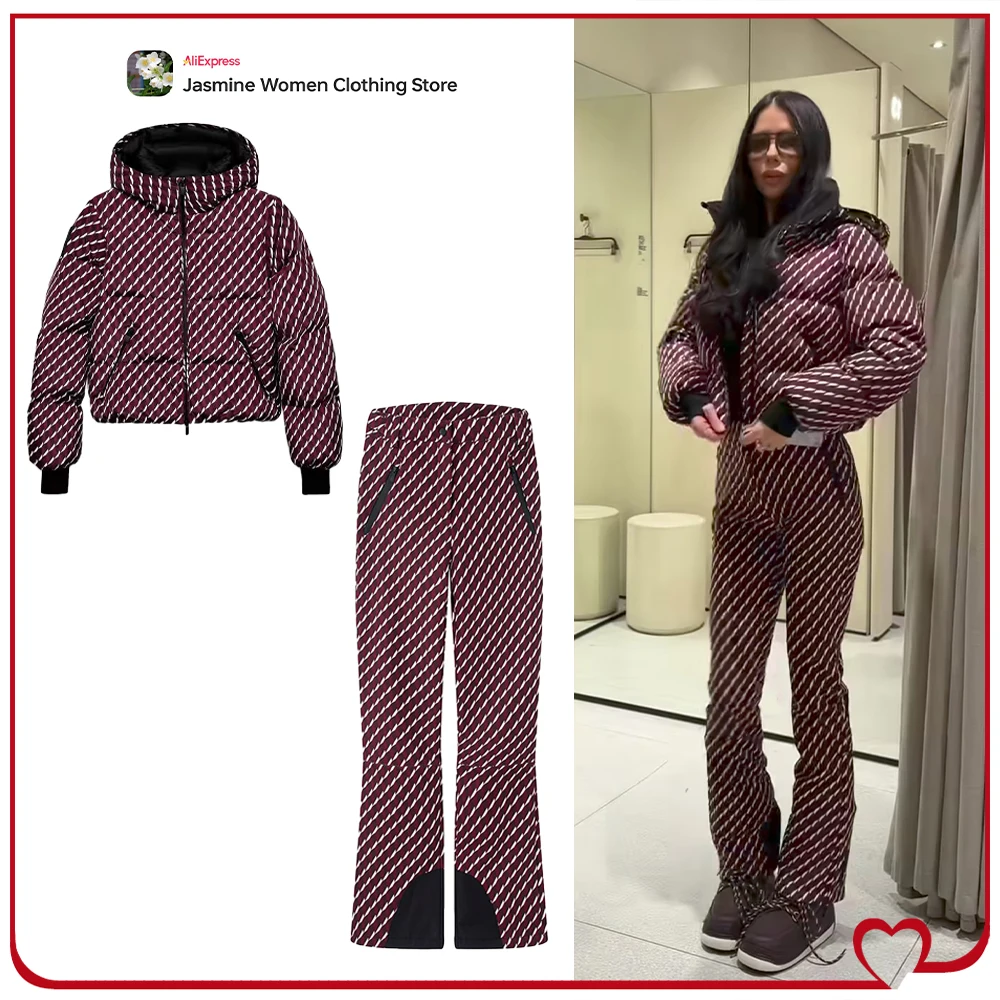 Fashion Winter New Matching Set for Women Holiday Printed Pant Sets High Collar Windproof Down Hooded Jacket & Tonal Flare Pants