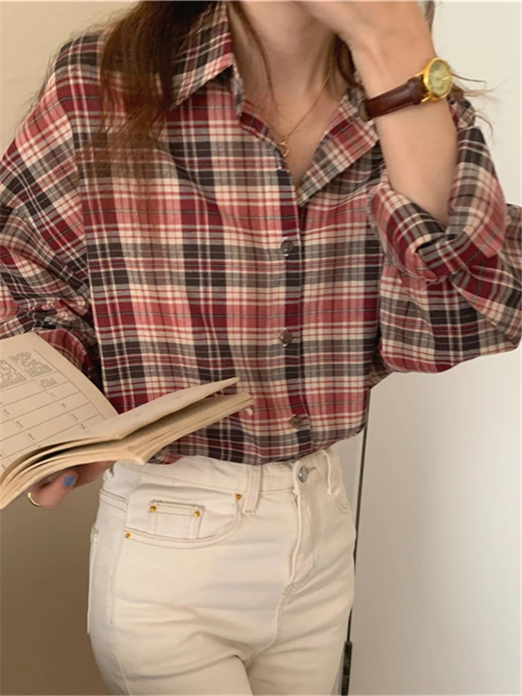 BL9309 New 2023 Fashionable Oversized Plaid Wild Korean Checkered Vintage Spring Autunm Women\'s Blouses  Shirt Elegant Lady Tops