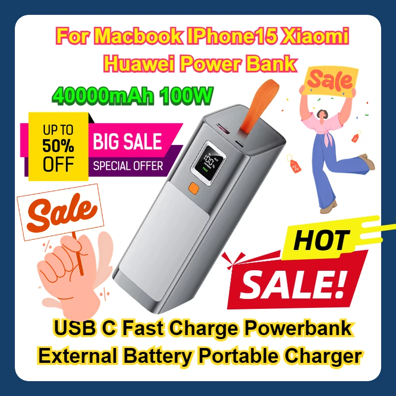 

40000mAh 100W For Macbook IPhone15 Xiaomi Huawei Power Bank USB C Fast Charge Powerbank External Battery Portable Charger