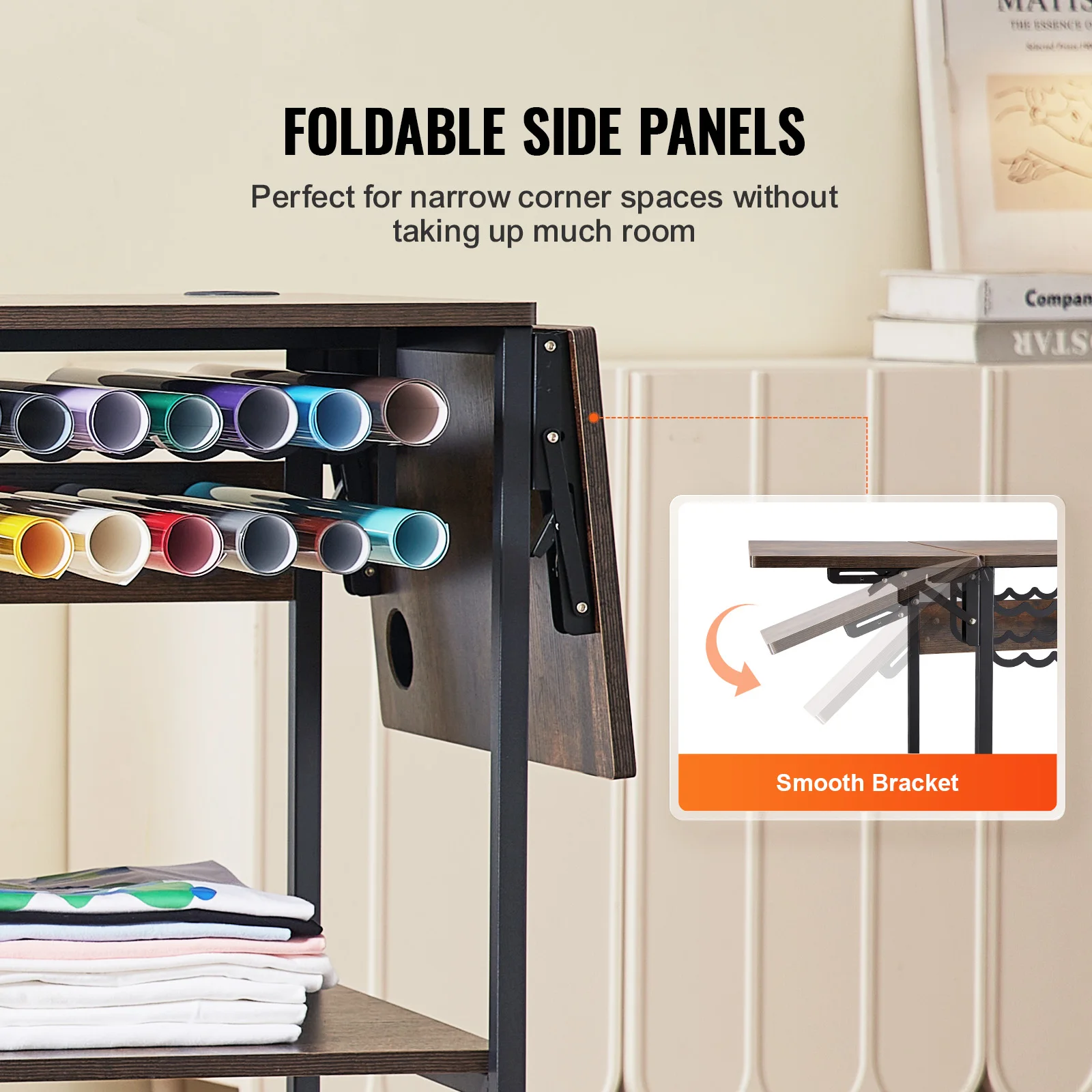 VEVOR Mesa de Prensa de Calor de 3 niveles, Soporte de Máquina de Transferencia de Calor Plegable con Ruedas y Soporte para Rollo de Vinilo, Banco de Trabajo Plegable de Metal Rodante, Marrón
