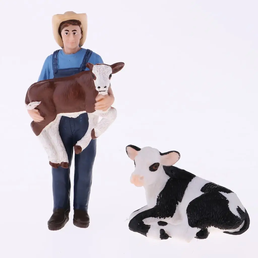 Cows & Farmer Figurines - Miniature Farm Toy Figures for , , Diorama Accessories