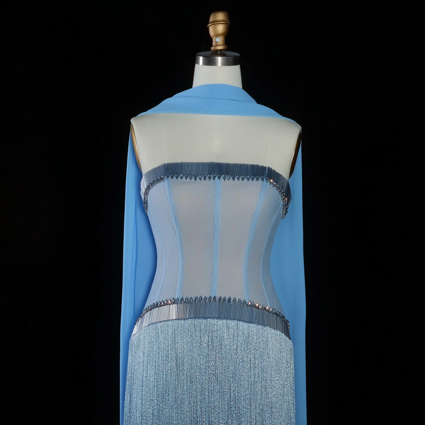 Sharon Said Luxuriöses Dubai Blaues Kristall-Abendkleid mit Trägerlosem Design, Handbestickter Taille und Fransen, Arabisches Hochzeitskleid SS520 Maßanfertigung – Detail 7