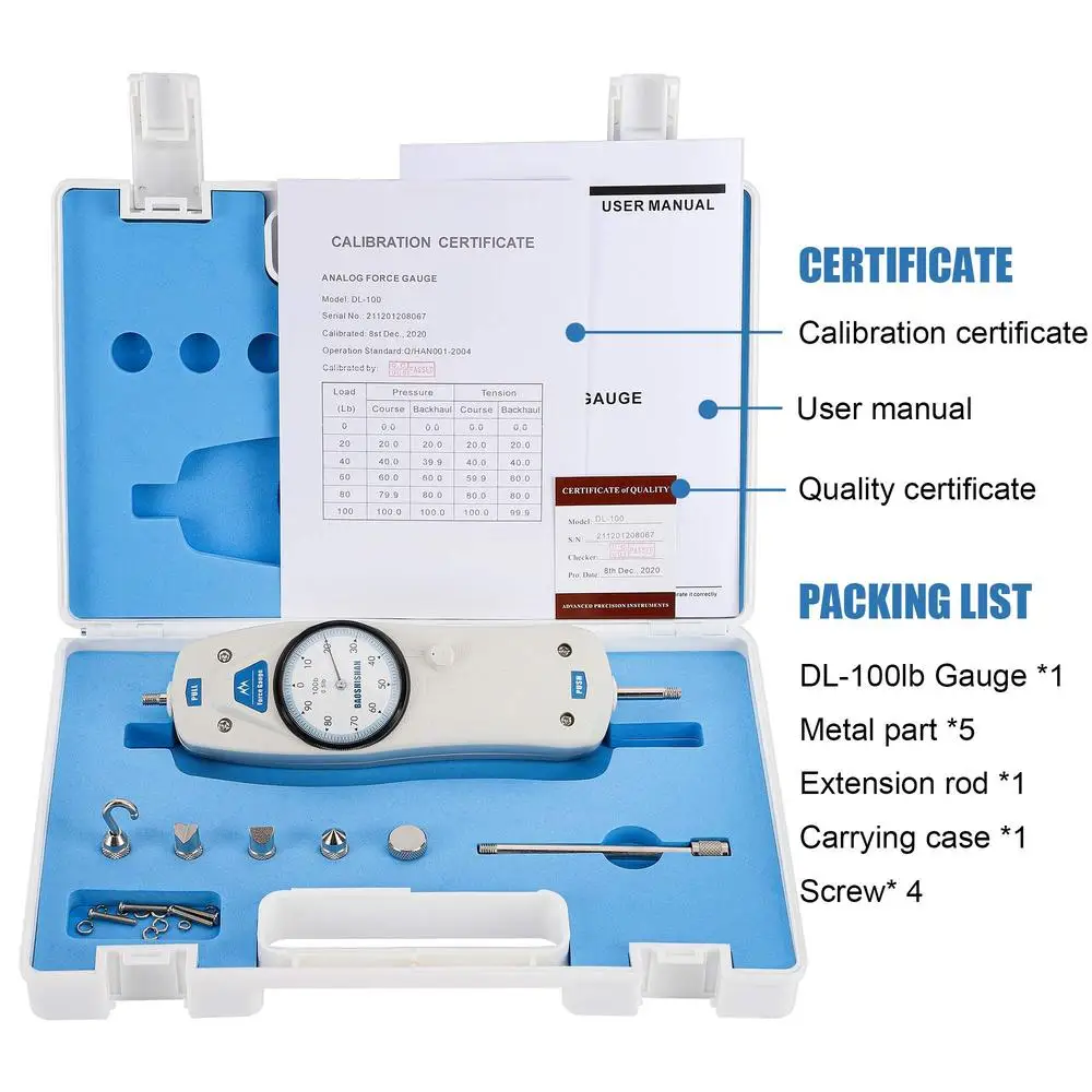 Medidor de fuerza de 100lb con certificado de calibración, accesorios de Estuche de transporte, función de pico/pista, amplia aplicación