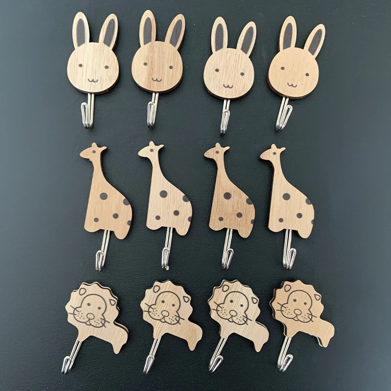 8 pieces, wooden cartoon animal hooks, can hang keys, hats, towels, self-adhesive household door hooks, can bear about 1 pound