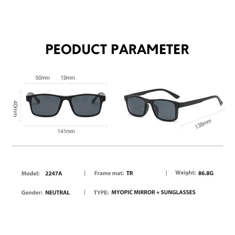 VCKA 5 Lenes Magnet Clip Sunglasses Square Men Polarized Gray TR90 Frame Custom Prescription Women Myopia Glasses