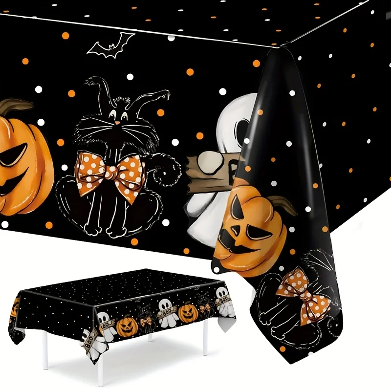 1pc, Halloween Disposable PE Tablecloth, 86.61 X 51.18inch, Black Pumpkin Ghost Tablecloth, Ghost Festival Supplies for Home, Ha