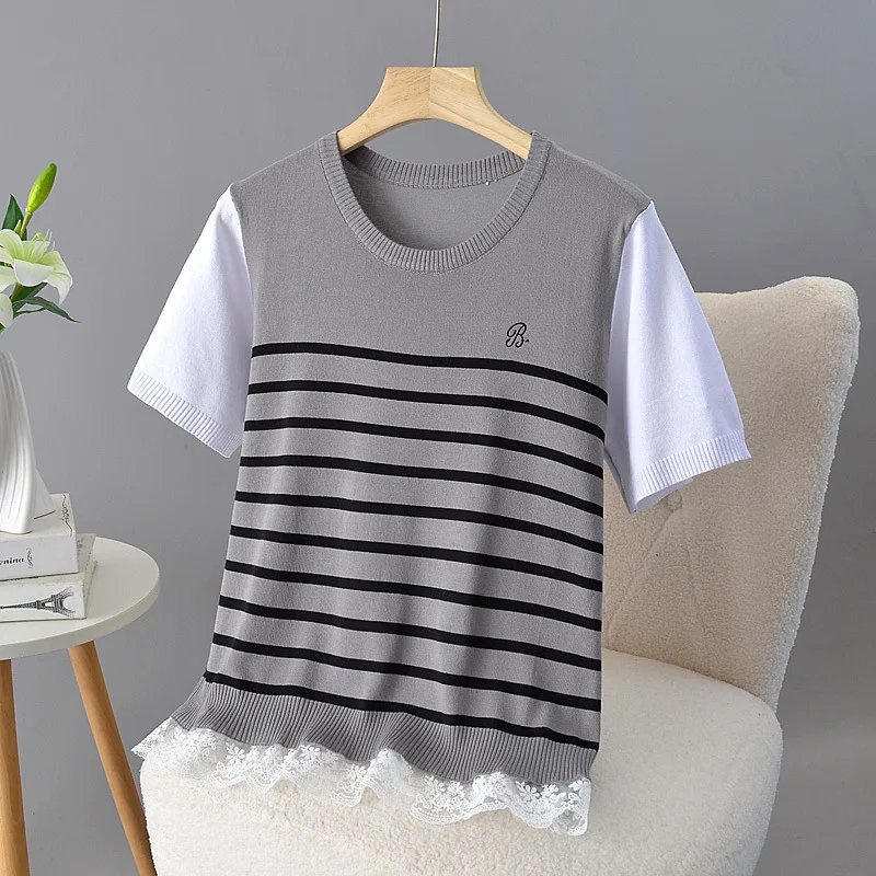 

Женский топ больших размеров, летняя футболка 100 кг, новая тонкая трикотажная футболка из ледяного шелка в полоску, кружевная футболка из двух предметов с короткими рукавами 2277