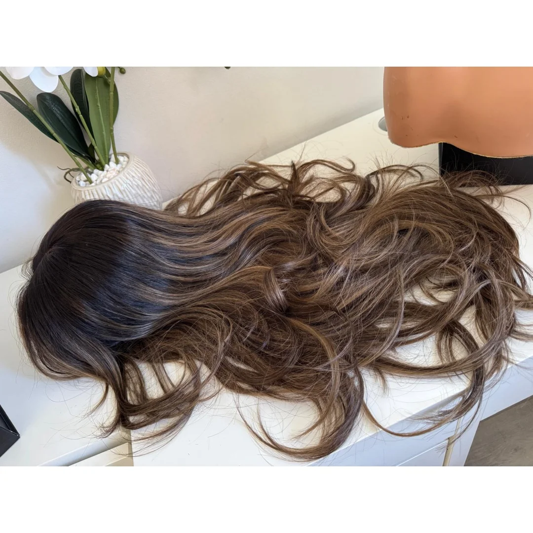 

Top Sale Shadow Roots Dark Brown With Blonde Highlights Glueless Wigs Synthetic Hair Free Part Balayage Body Wave Front Lace Wig