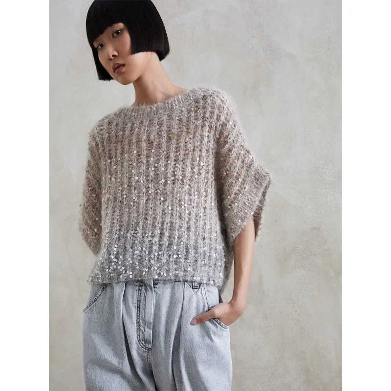 

BC@ Sweater Women's 2023 Autumn/Winter New Blended Mohair Gradual Color Changing Beaded Heavy Industry Handwoven Top