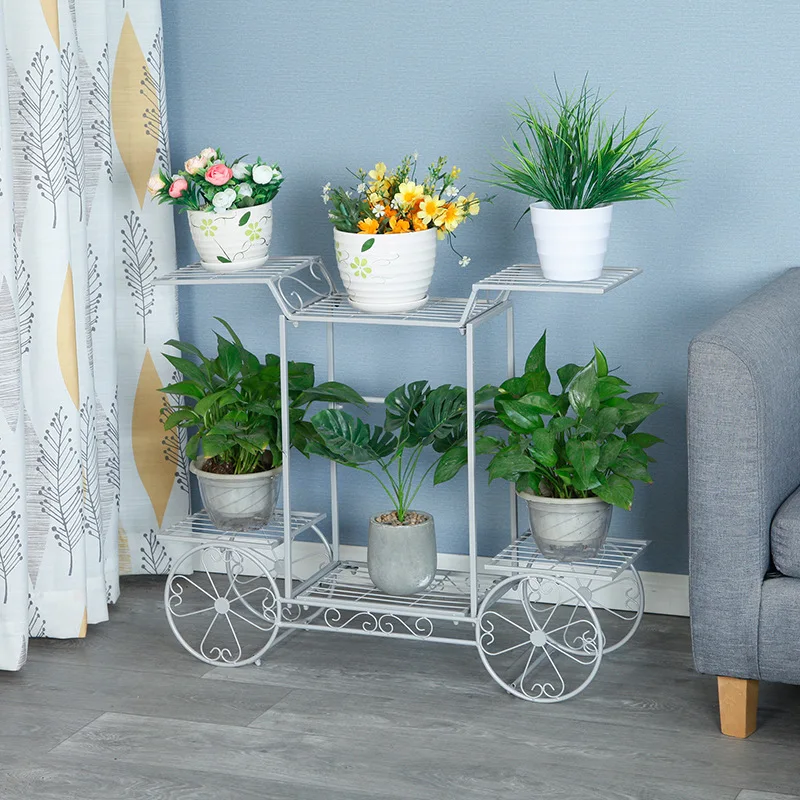 Carrito creativo de varios niveles para plantas verdes, flores, laurel verde, arte en hierro, marco nórdico para flores
