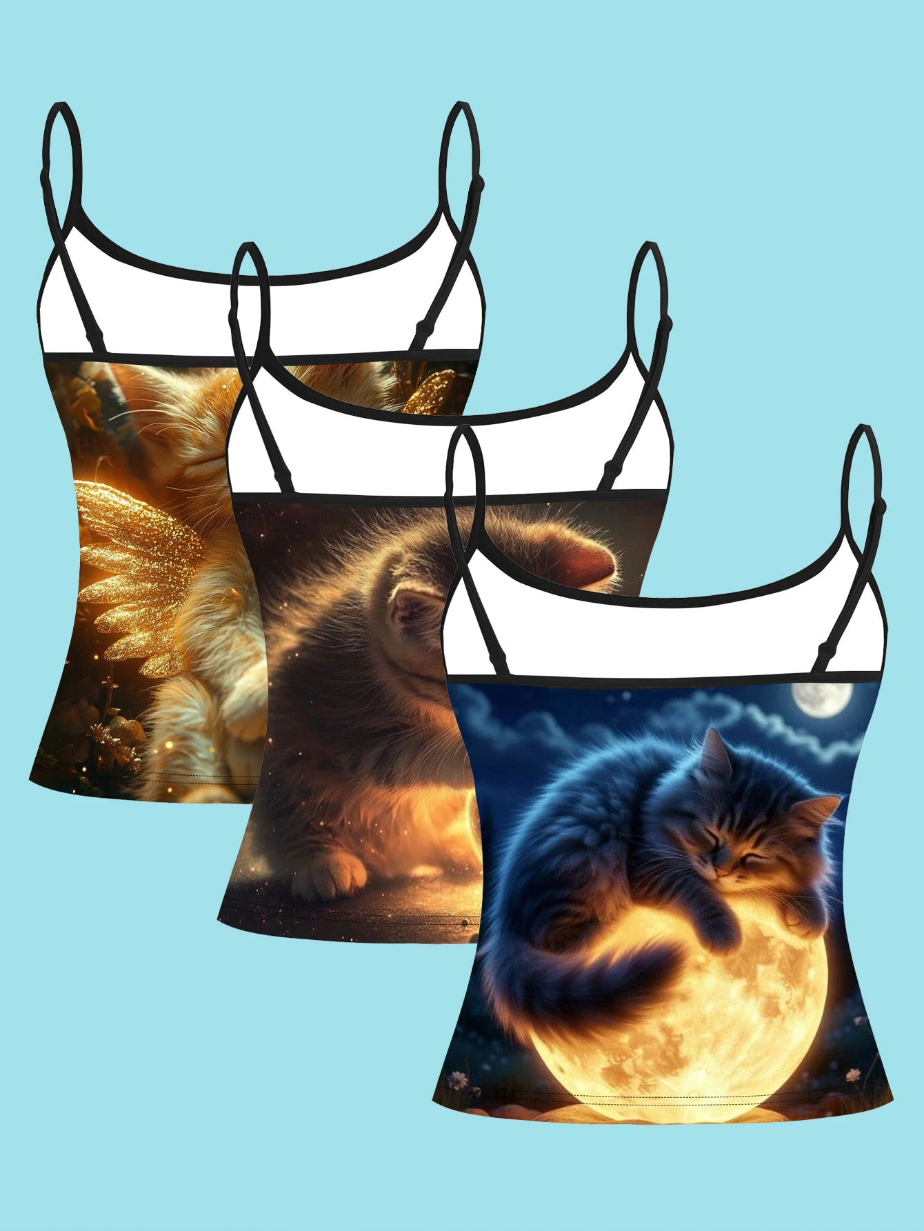 3-Piece Set of Cute Sleeping Kitten Moon Angel Print Spaghetti Strap Camisole for Women, Healing and Adorable Slim-Fit Base Layer Top