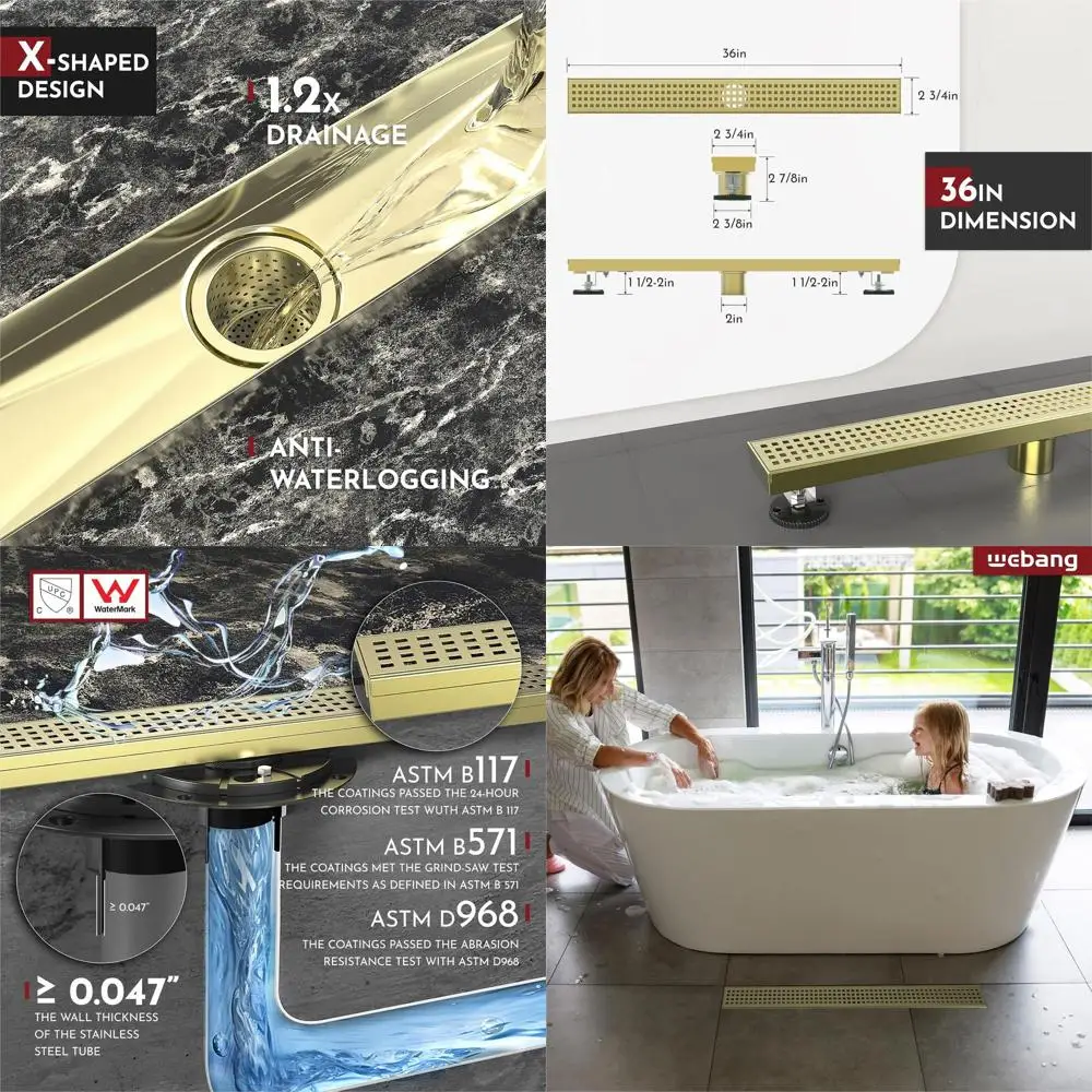 36 Linear Shower Drain with Square Hole Cover, Removable Grate, Brushed Gold Finish, Stainless Steel, CUPC Certified