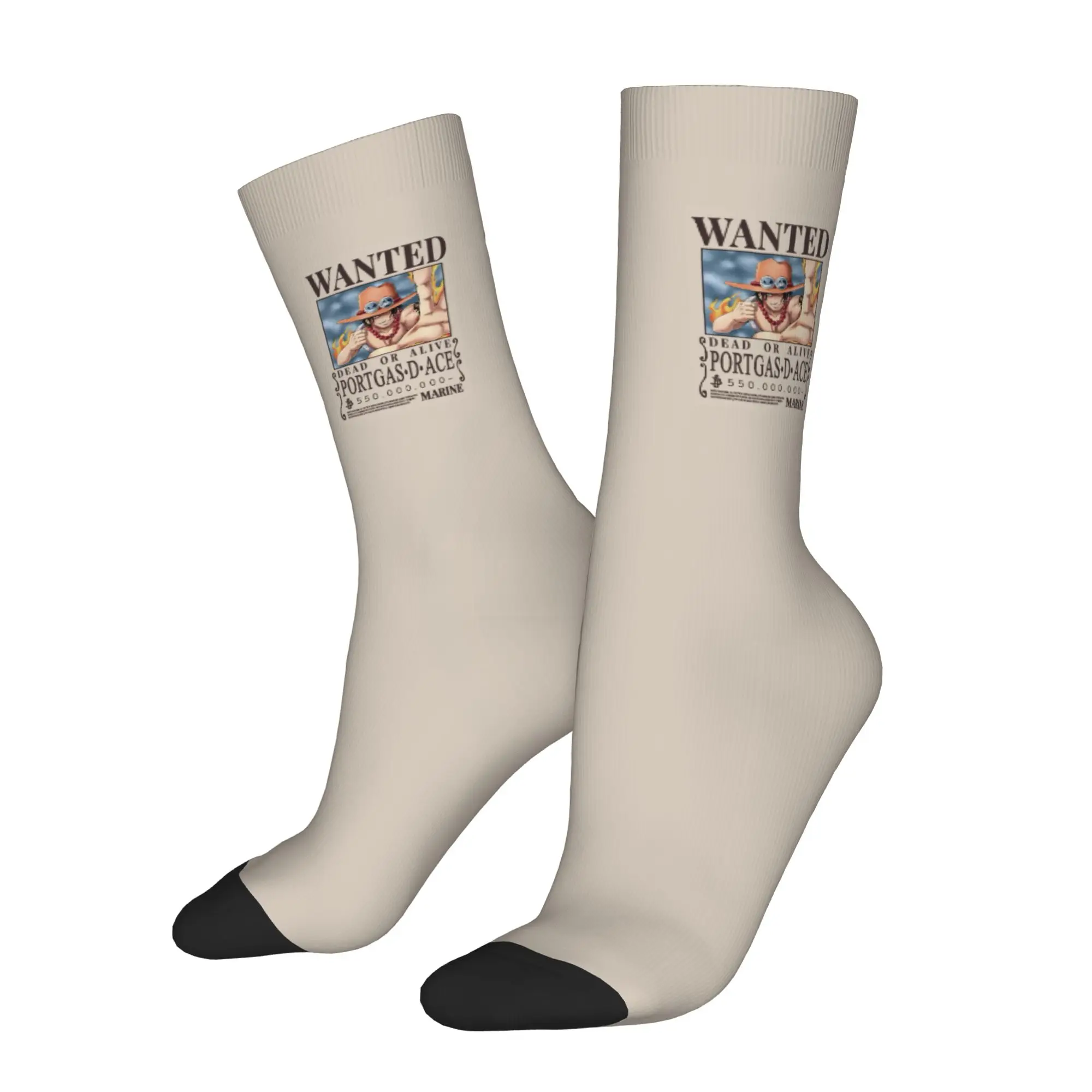 Funny Sock One Piece Ace Wanted Poster Harajuku Seamless Pattern Printed Men Socks Casual Men's Socks