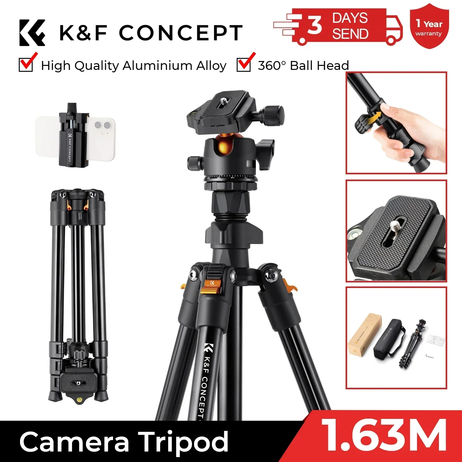 K&F Concept Portable Camera Travel Tripod Flexible Vlog Tripod with 360 Degree Ball Head Quick Release for Canon Nikon Sony DSLR