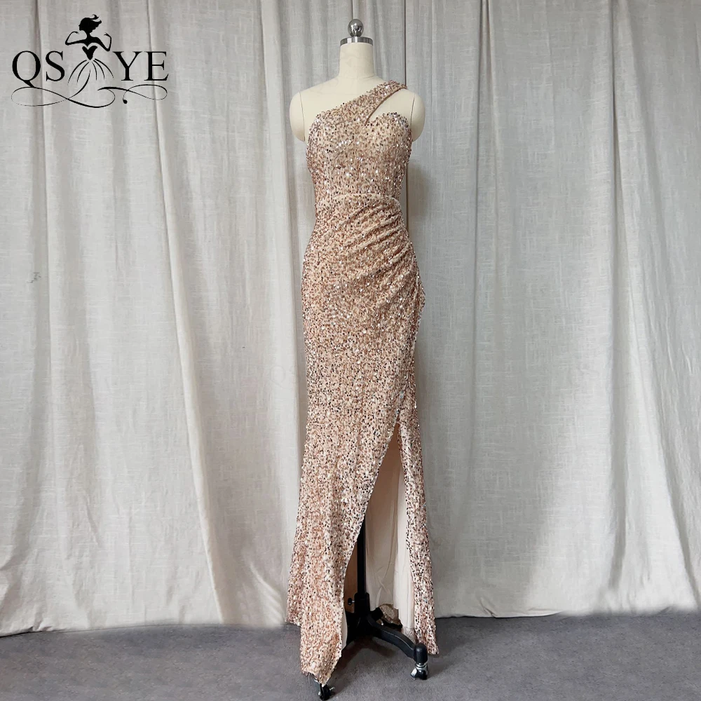 

Sequined Gold Prom Dresses Sparkle OneShoulder Sweetheart neck Long Evening Gown Ruched Sexy Split Woman Velvet Party Dress Chic