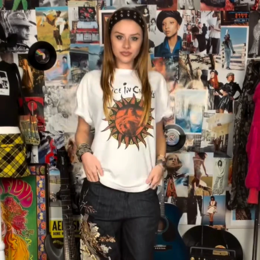 93 Alice In Chains Lollapalooza Washed White Tee New Women's Vintage Breathable Tee Streetwear Oversized Loose