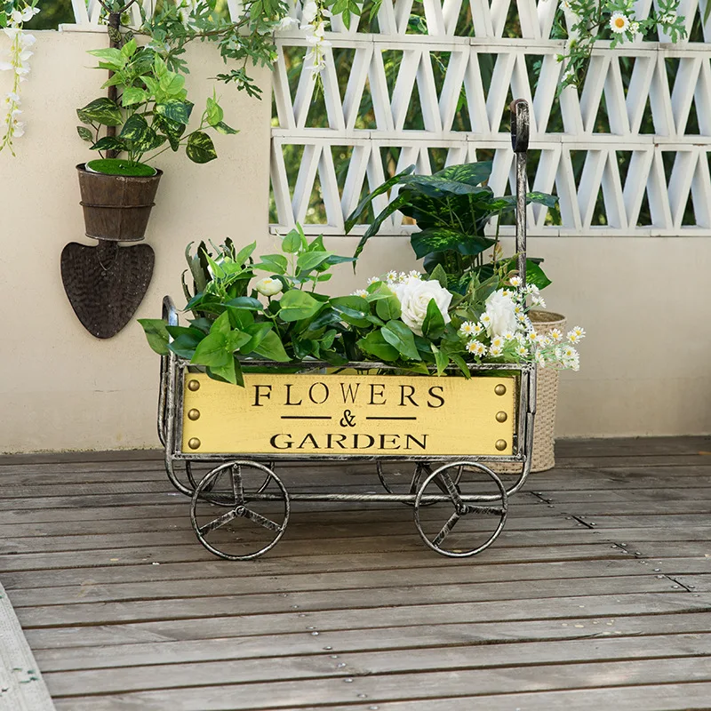 Creative iron art small cart decorations, flower pots, metal potted plants, outdoor gardens, courtyard balconies