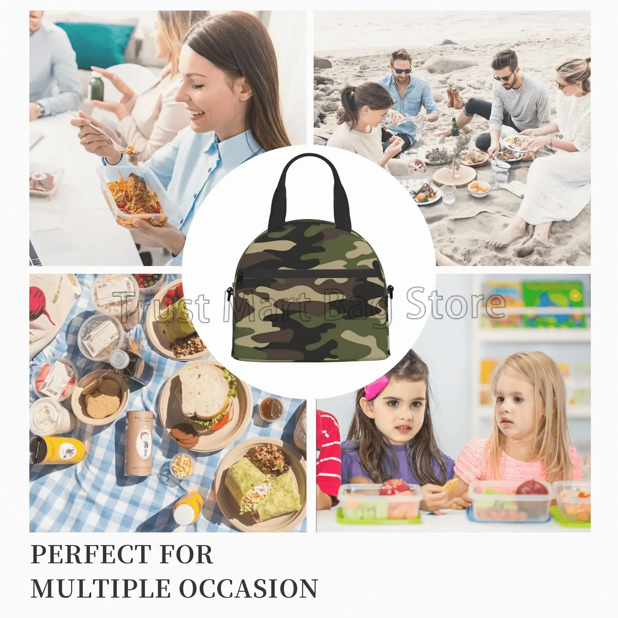 Green Camo Insulated Lunch Bag for Women Men Camouflage Waterproof Cooler Thermal Lunch Tote for Office Picnic Food Bento Box