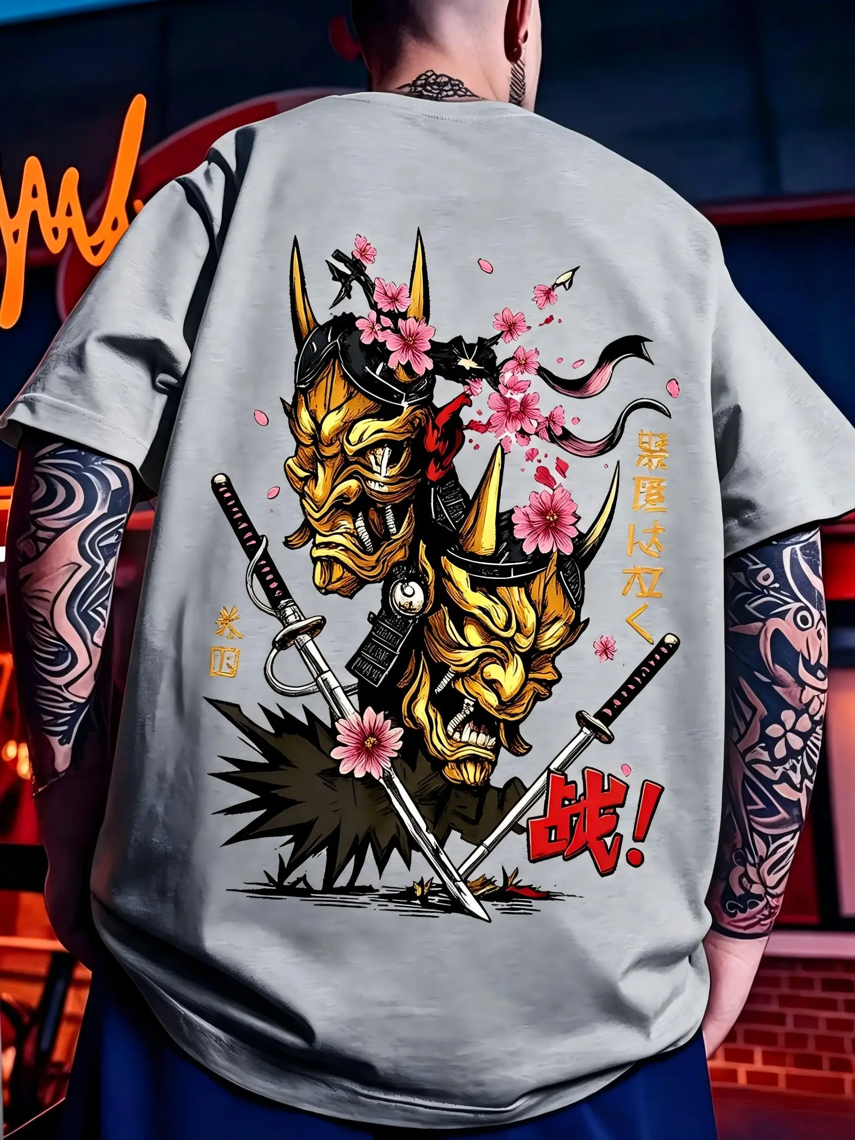 Fashionable men's summer ghost warrior sword letter print micro elastic breathable round neck T-shirt outdoor street top