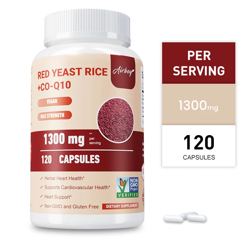 Levadura roja de arroz + Co-Q10-energía, salud de las articulaciones, suplemento de salud cardíaca y colesterol, cápsulas vegetarianas