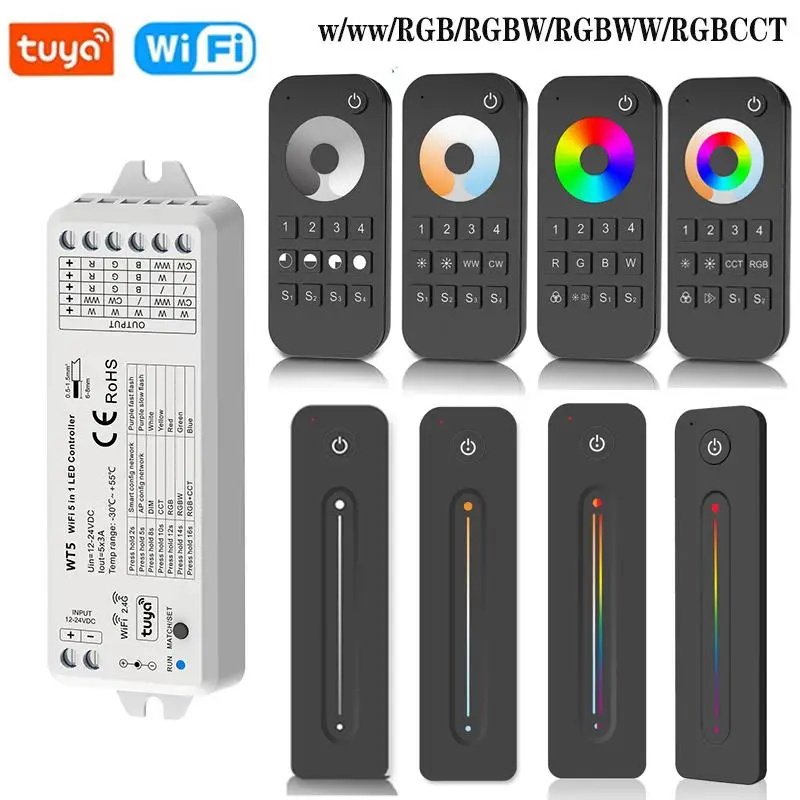 

Skydance WT5 Tuya Wifi LED Controller 5 in1 Dimmer DC12V 24V RGB RGBW RGBCCT LED Strip Light RF 4-Zone Touch Remote Controller