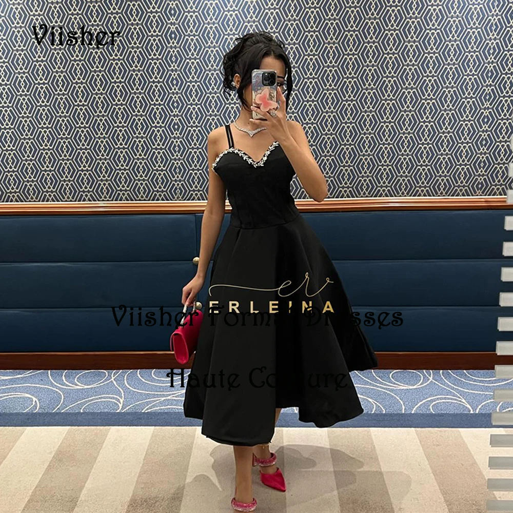 

Black Evening Dresses for Women Beaded Satin V Neck Formal Prom Dress Tea Length Arabic Dubai Evening Party Gowns