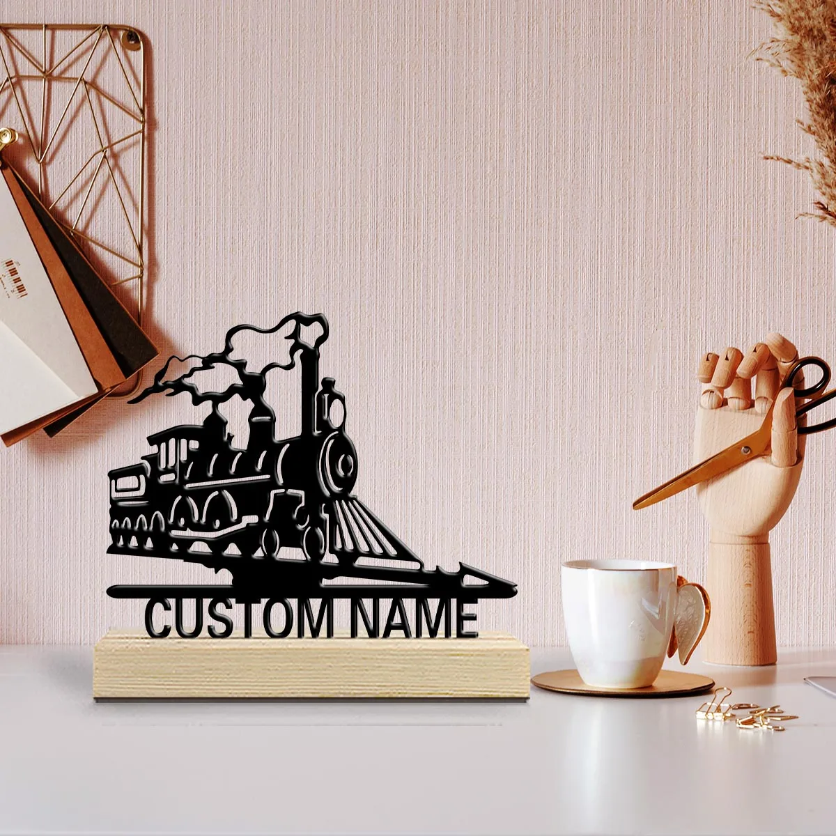 1pc Personalized Desktop Metal Ornaments Custom Content With Wooden Base Home or Office Decorations