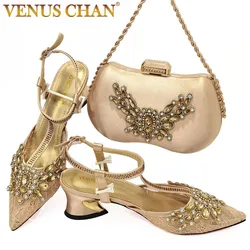 Summer Sandal 2023 Latest All-match Hollow Design Golden Rhinestone Decoration High Heels for Women Party Shoes and Bags Set