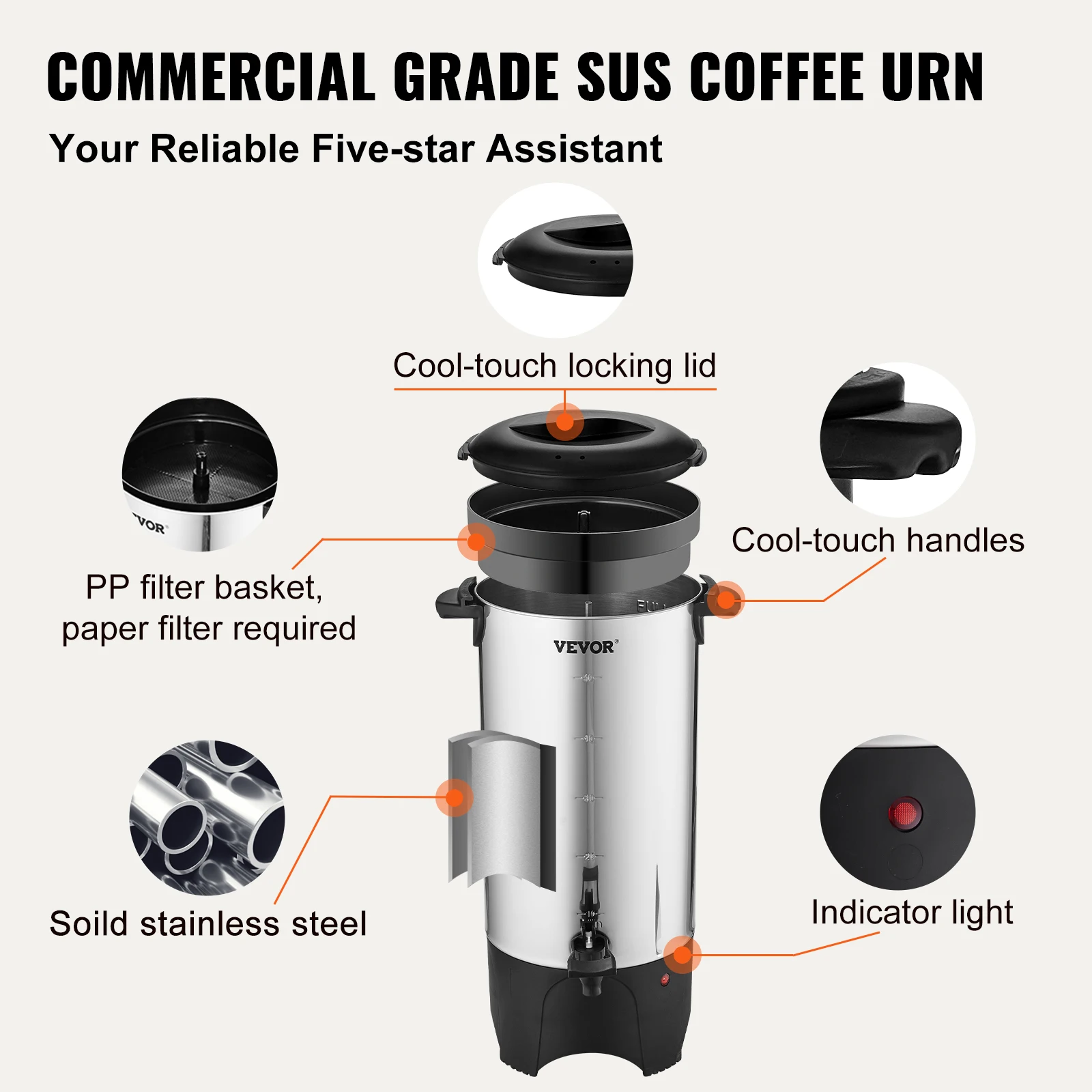 VEVOR 50 Cups Commercial Coffee Urn Stainless Steel Large Coffee Dispenser 1000W Electric Coffee Maker Urn For Quick Brewing