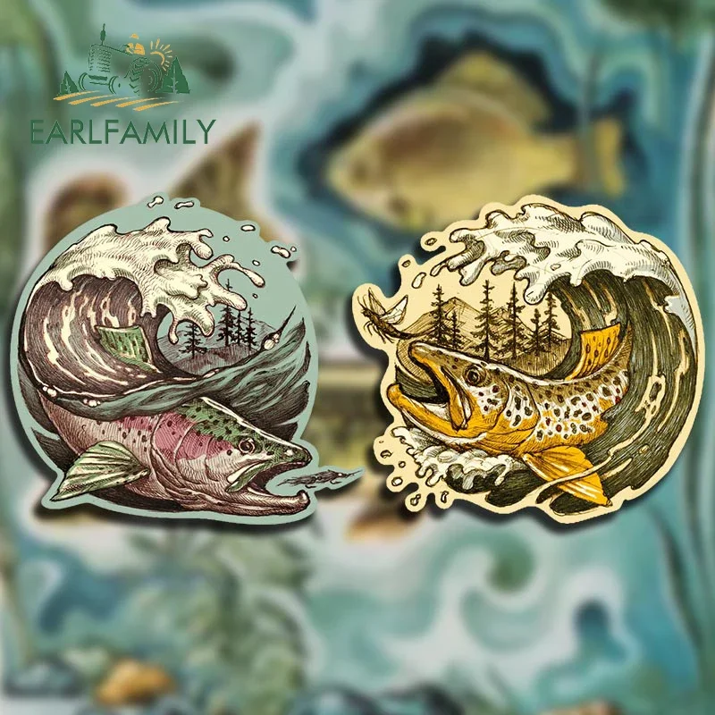 

EARLFAMILY 13cm for Trout Fly Fishing Unique Fish Lover Car Stickers Simple Funny Decals Car Door Protector Caravan Decoration