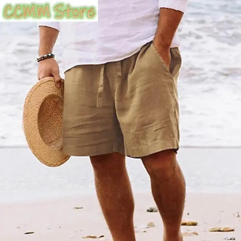 

New Men Cotton Linen Loose Pant Short Summer Casual Holiday Beach Drawstring Tie-up Short Trouser Harajuku Solid Color Sweatpant