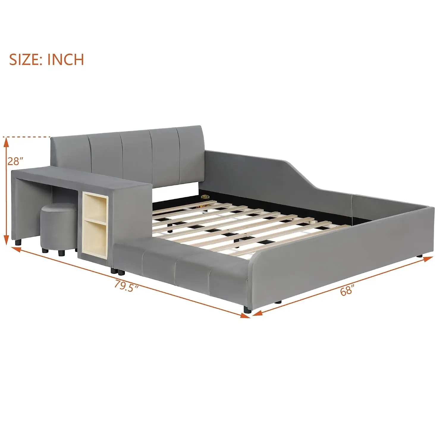 Upholstered Grounded Bed, Full Size Mother & Child Bed with Bedside Desk and Little Round Stool, Velvet Fabric, No Box Spring Ne