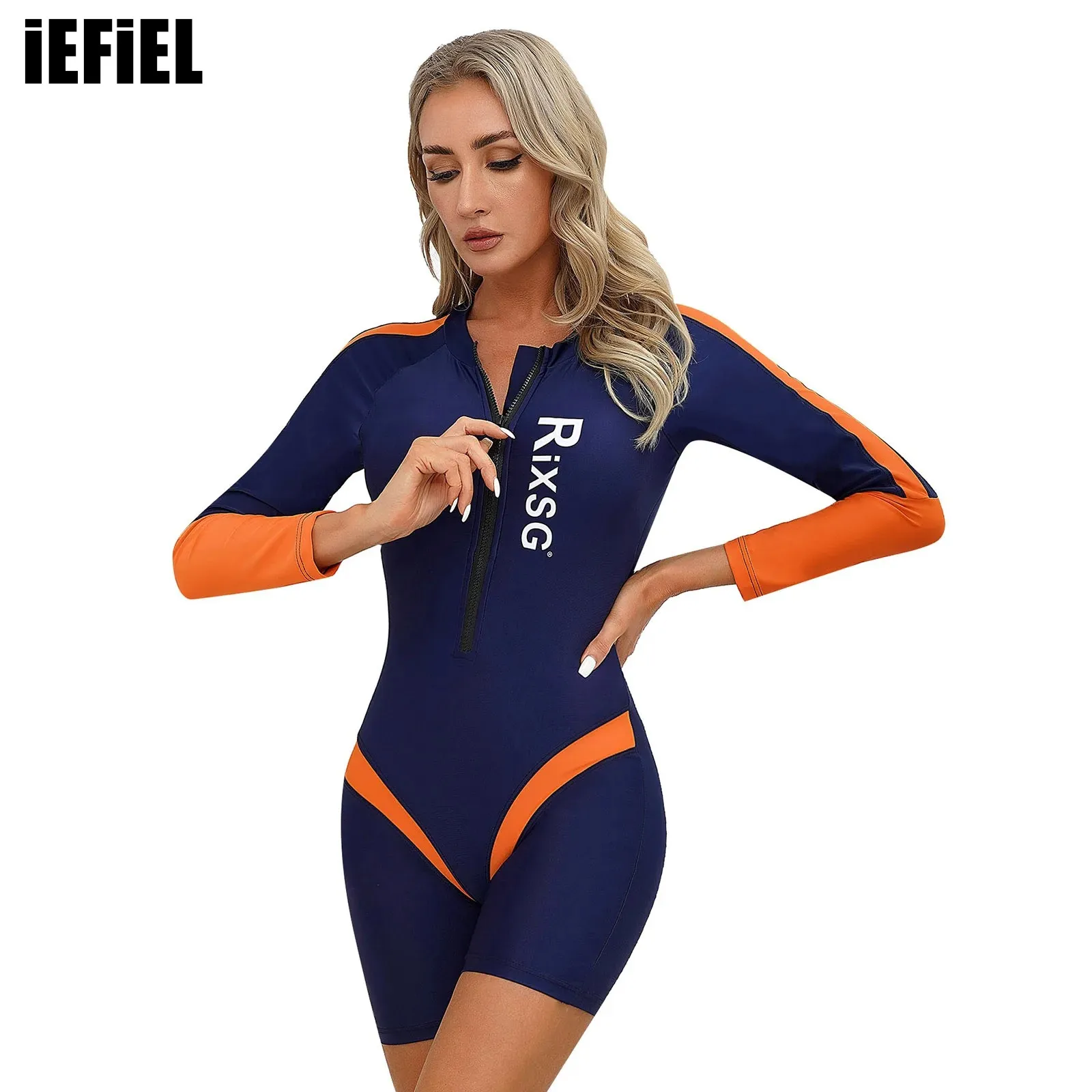 Women Color Block One-piece Swimsuit Long Sleeve Front Zipper Chest Pads Swimming Jumpsuit Bathing Bodysuit Pool Beach Swimwear