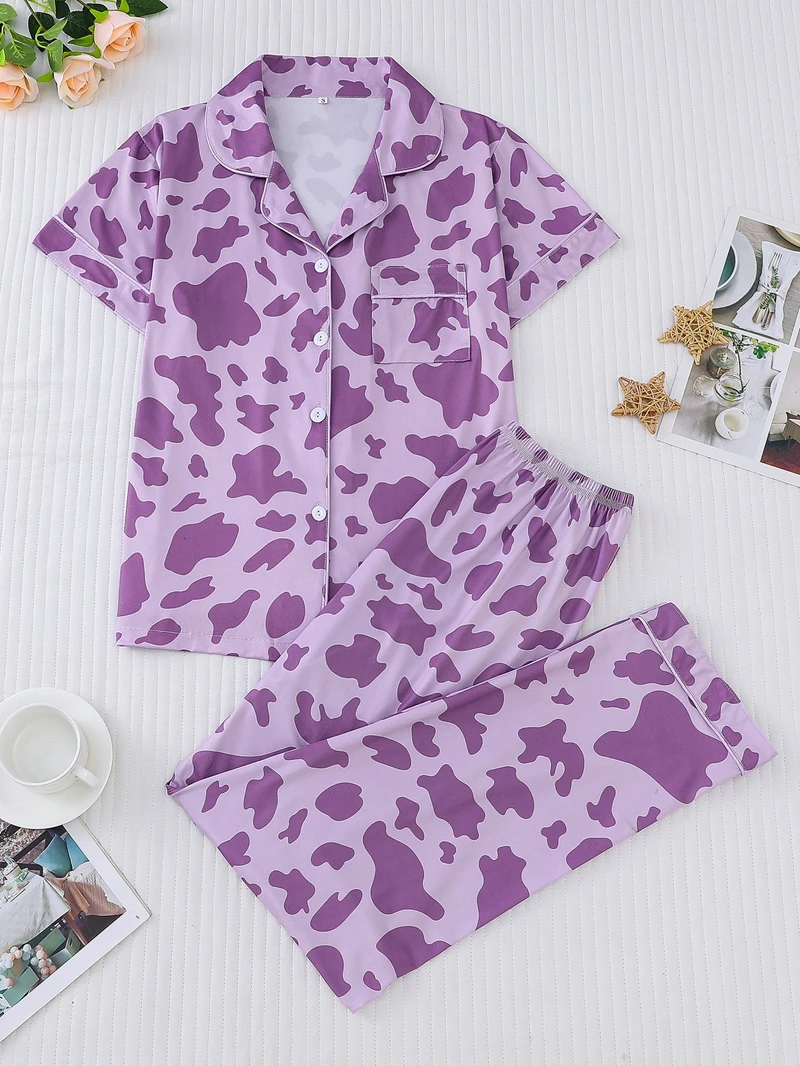 

Milk Cow Stripe Print Pajama Set Breathable Fabric Short-Sleeve 1 Pocket Lapel Top And Pant Hot-Selling Women's New Sleepdress
