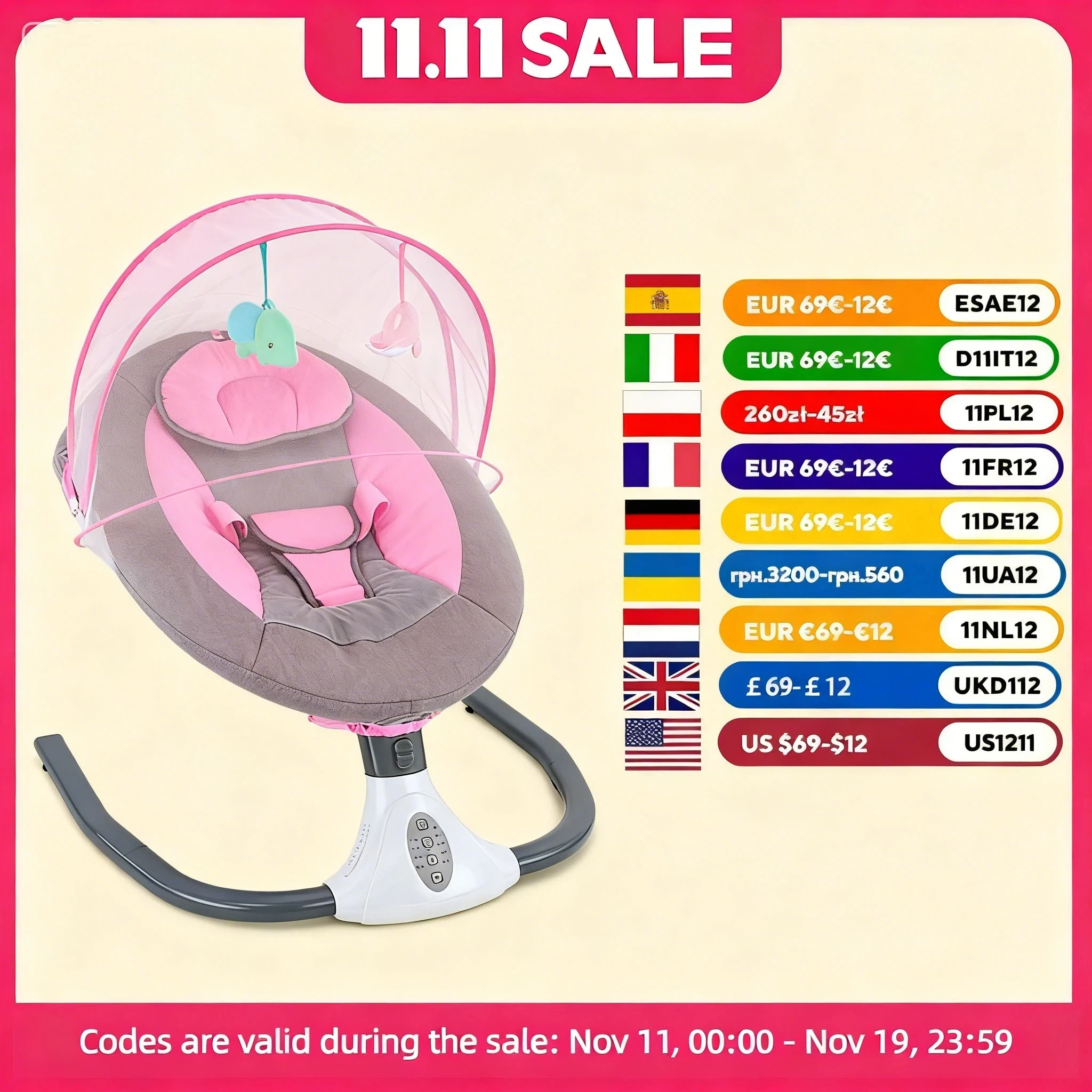 

USB Electric Baby Swing 0-18 Months Paint Coated Steel Infant Rocker with 12 Songs and Remote Control4 Gears Baby Swing