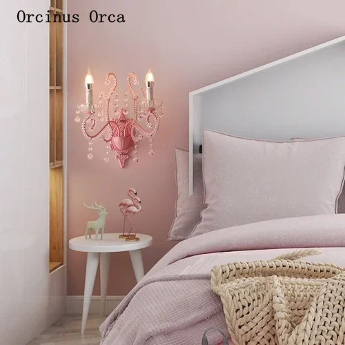 Lámpara de pared de cristal rosa coreano, lámpara de pared de habitación de princesa para dormitorio de niña, lámpara de pared decorativa romántica europea