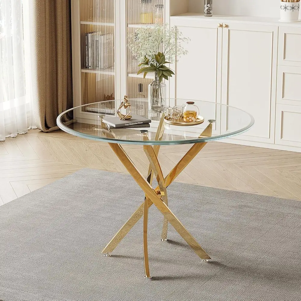 

Круглый обеденный стол с стеклянной столешницей и ножками из нержавеющей стали, подходит для небольших помещений и гостиных