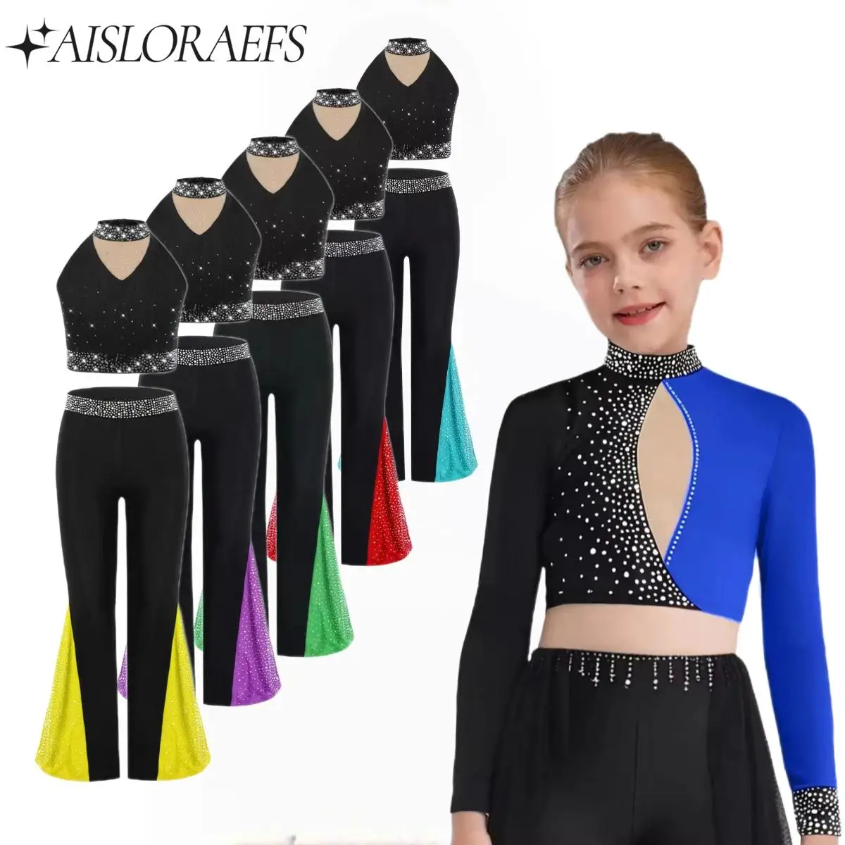 

Girls Ballet 2-piece Dancewear Sets Workout Performance Costumes Rhinestones Tops with Bottoms Skating Gymnastics Dance Clothes