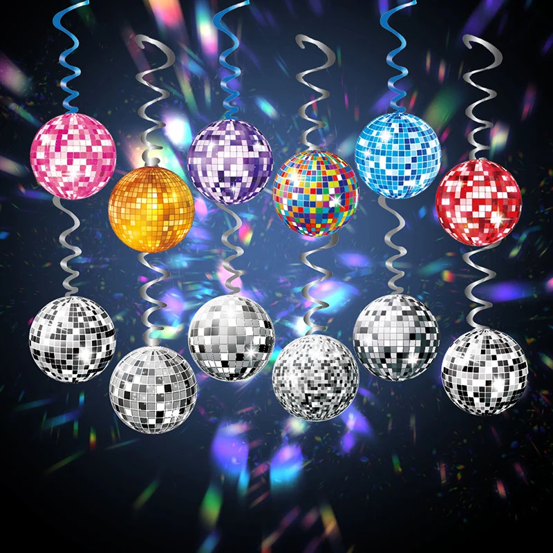 6 uds. De bolas de discoteca coloridas, colgante de remolinos, bolas de discoteca de papel colgantes, serpentinas de cumpleaños, barra de fiesta, luz, decoración de favores de escenario