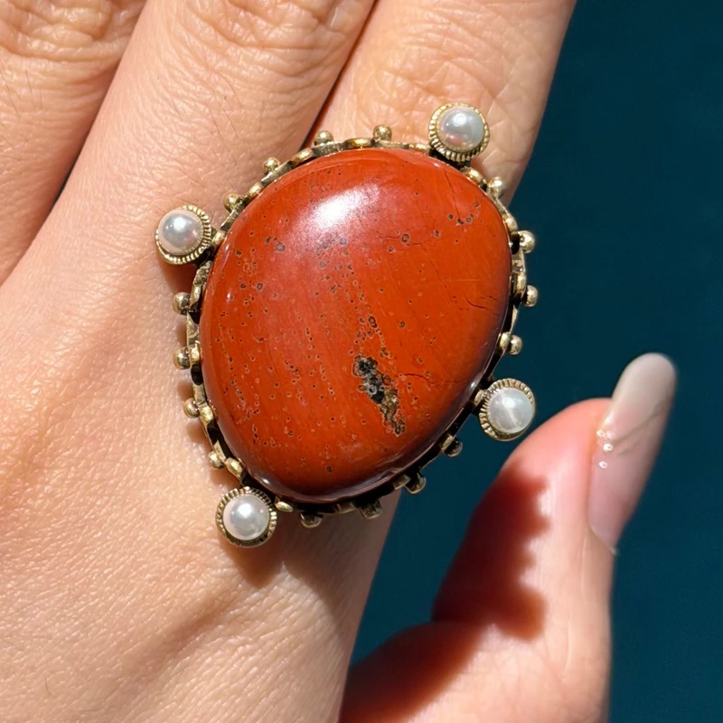 Vintage Alien Coral Red Stone Rings For Woman Luxury Pearls Art Deco Jewelry Girls Fashion Party Brand High Quality Gift New