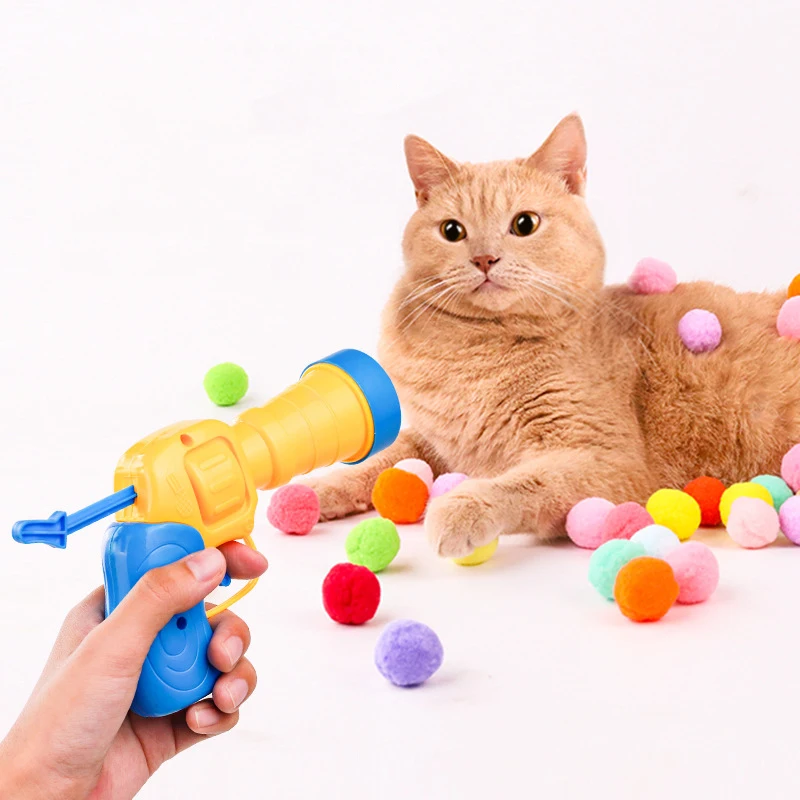 Cat Toy Ball and Launcher Set Plush Ball Interactive Plaything Safe Pom Pom Balls for Indoor Cats Kitten Puppy Dog Pet Gifts