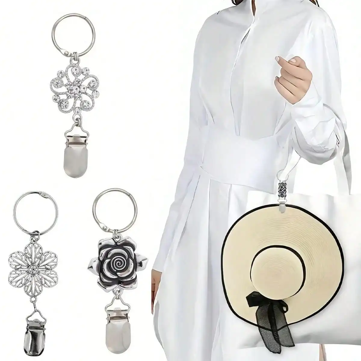 1Pcs Bag Hat Clip Vintage Metallic Flower Pattern Strong Grip Hanging Items Detachable Travel Luggage Hat Clip Outdoor Accessory