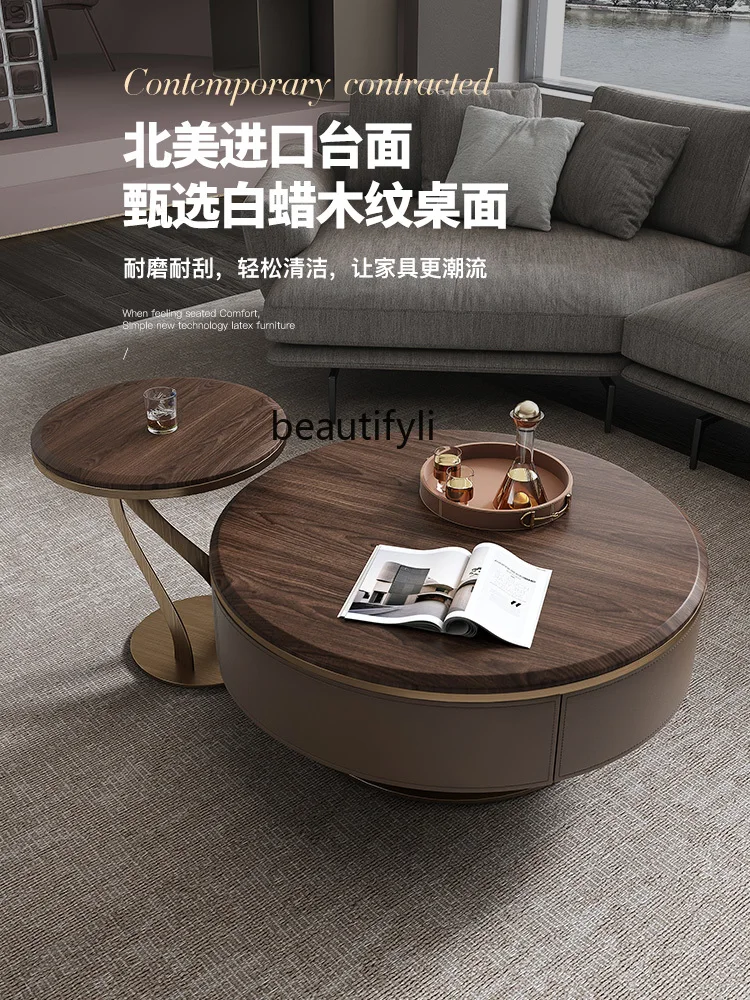 Light Luxury Modern Designer Household Living Room Stainless Steel Small Apartment Walnut Burlywood round Tea Table