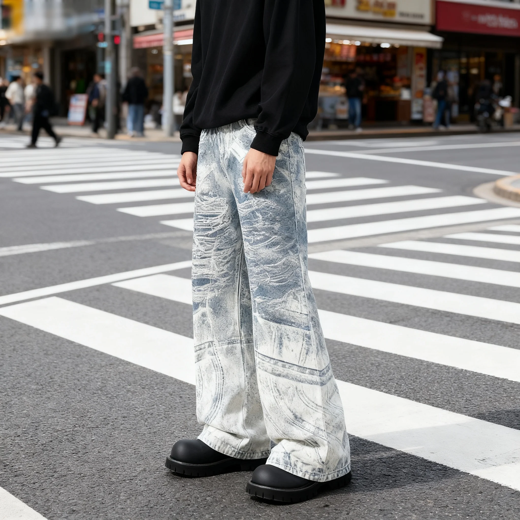 

2025 Autumn New American Fashion 3D Digital White Loose Jeans Dirty Printed Jeans Men's Casual Straight Leg Leg Floor Pants