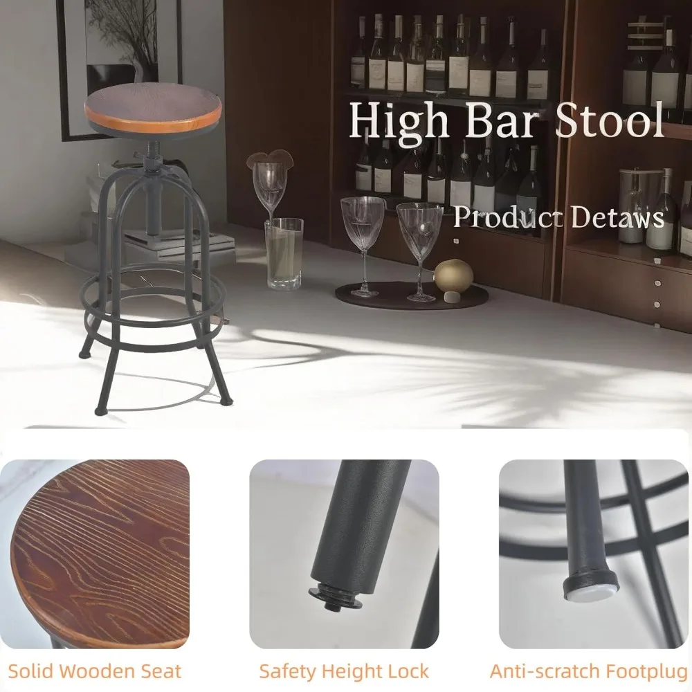Industrial Style Pair Bar Stools - Retro Adjustable Height 26-32.3 Inches Swivel Seats - Extra Tall Kitchen Counter Chairs - Ful