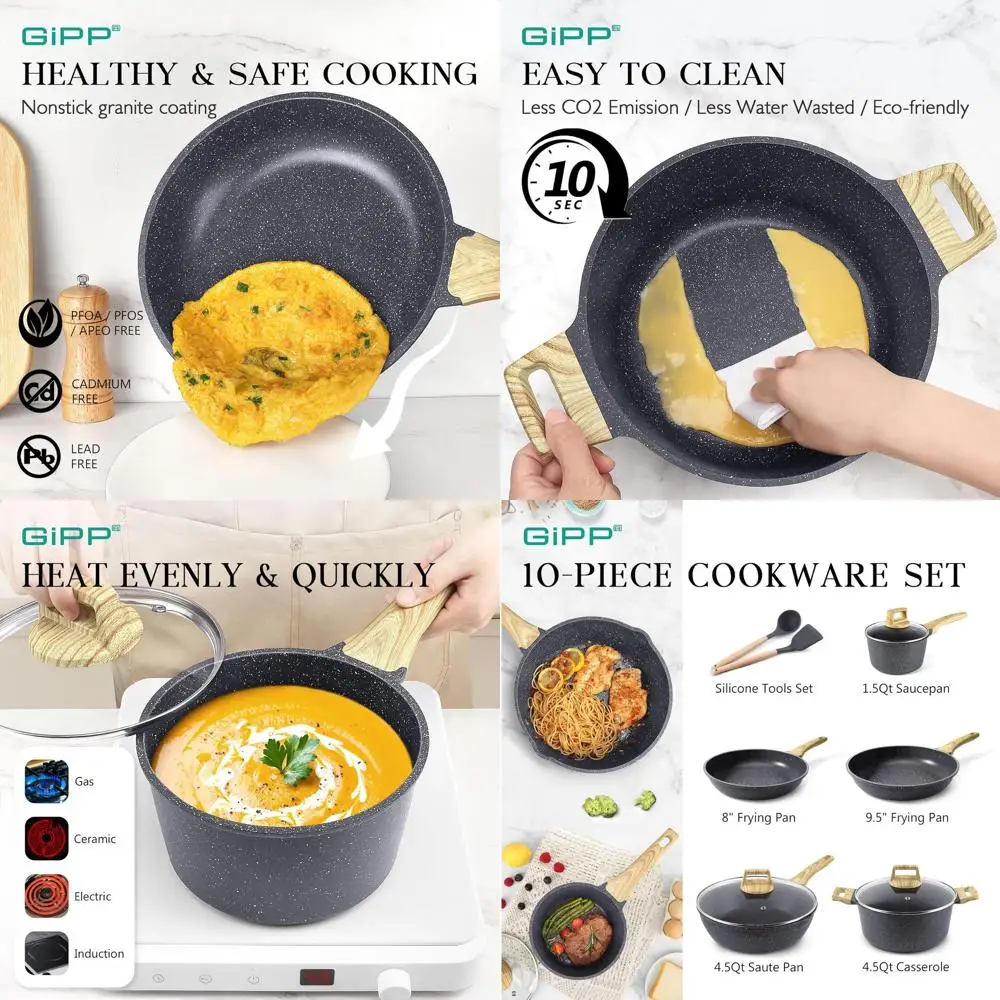 

10-Piece Nonstick White Granite Cookware Set with Frying Pans, Saucepans, Silicone Utensils, Induction Compatible, PFOS & PFOA F