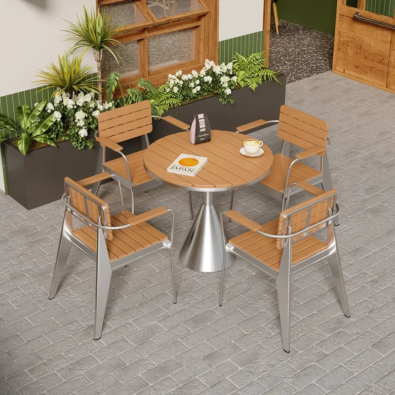 Outdoor Leisure Round Table and Chair Set Plastic Wood Sunscreen Creative Design for Music Bar Lounge Area Open Air Use